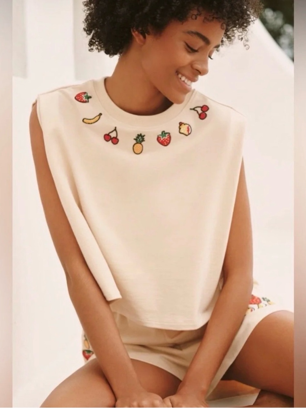 Cream Sleeveless Tank with Fruit Embroidery